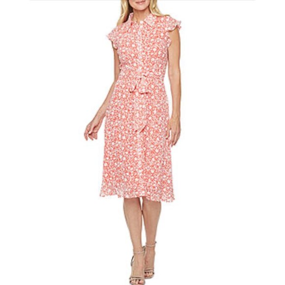 Nicole Miller Women Coral Floral Flutter Sleeve Button Down Shirt Dress Size 10 - Picture 1 of 13